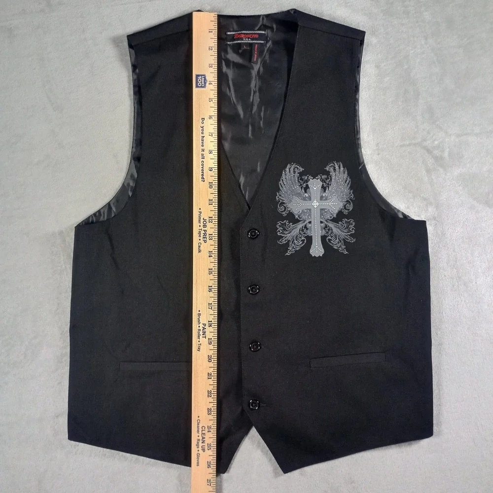 Patroncito USA Vest Mens Large Black Winged Cross Graphic Gothic Biker Emo Punk